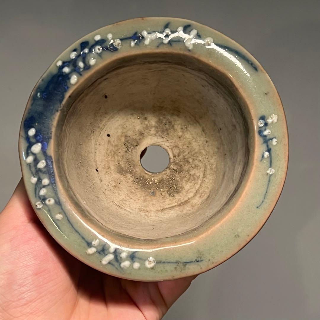 804.尾張焼 瀨戶 青瓷染付丸鉢 盆栽鉢 植木鉢 12.5*8.5cm