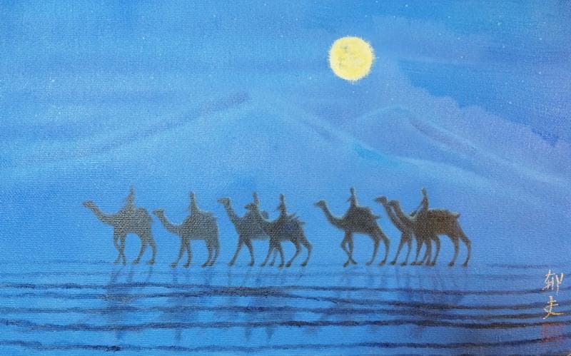 【値下げ】風景画　平山郁夫　月光の砂漠　M10　額付き　手描き　肉筆