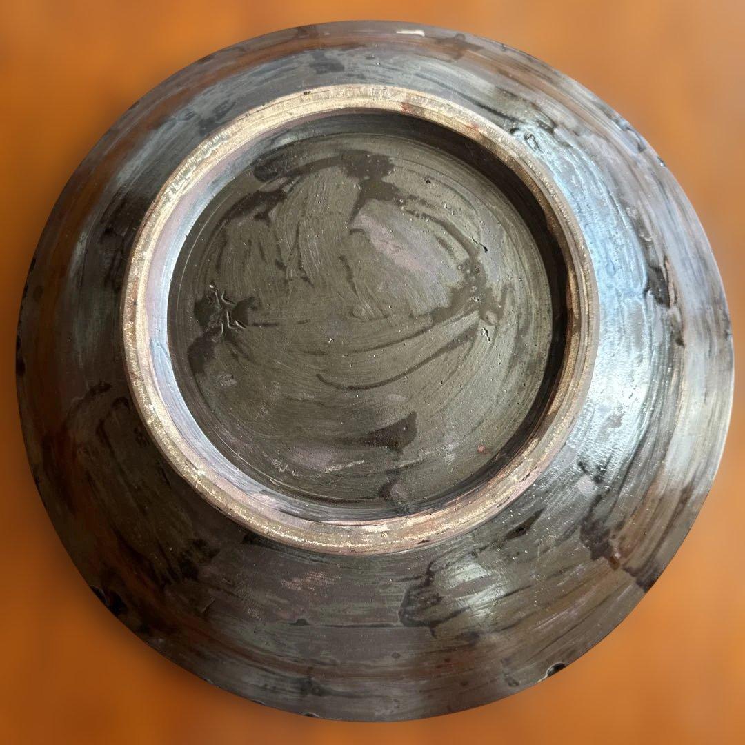 壺屋焼.小橋川永弘.緑釉.唐草.掻き落とし.大皿.希少品.未使用品.銘あり