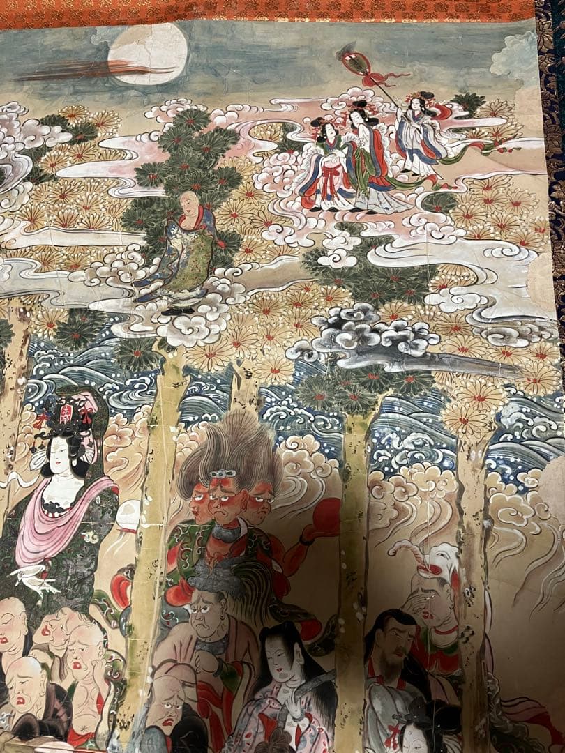 掛軸 超大幅 古仏画 『釈迦涅槃図』 紙本 肉筆 彩色 箱無 仏画 仏教