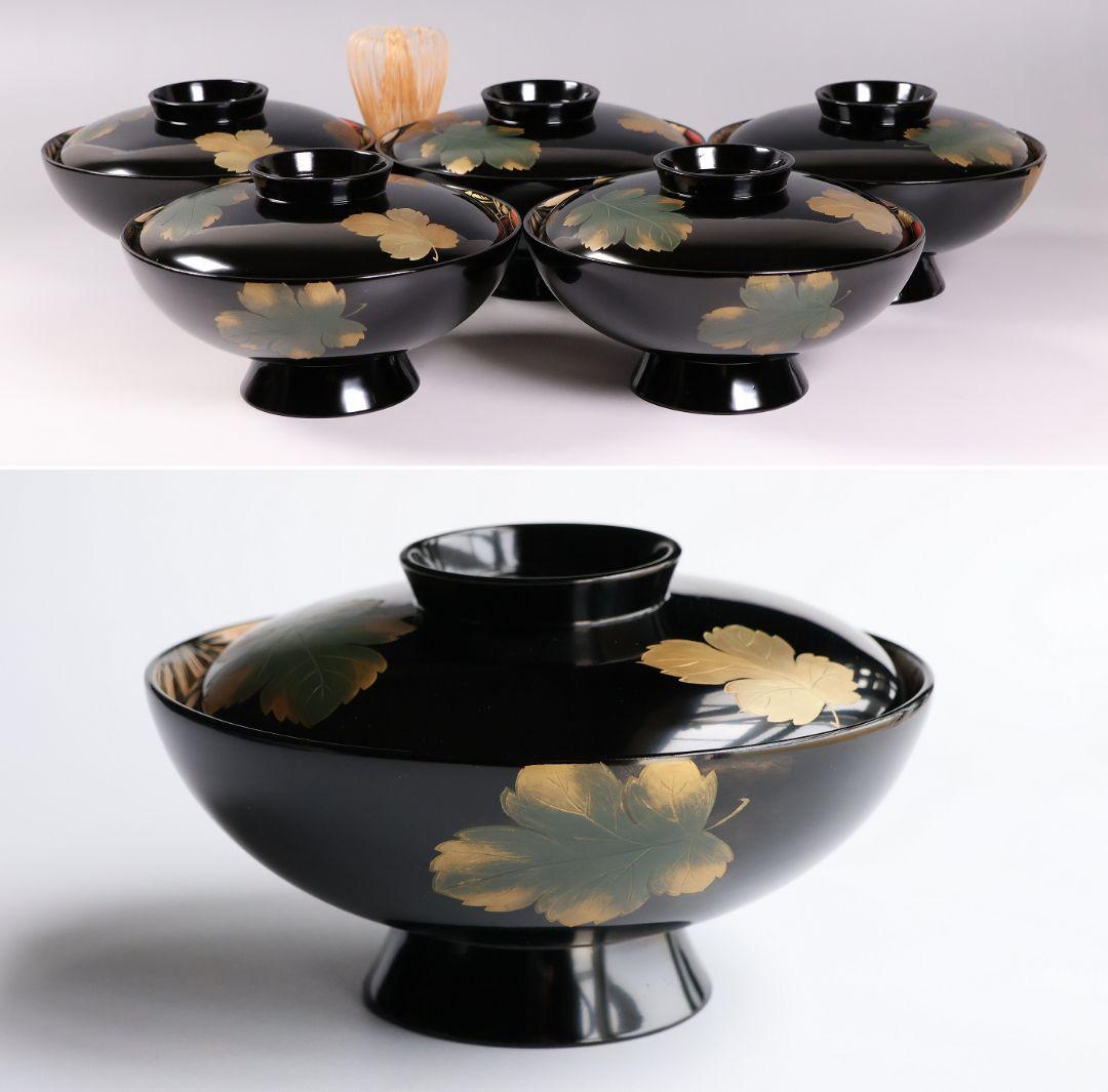 CM366】輪島塗 塩徳屋漆器店 沈金 菊尽 煮物椀 五客 木製漆器 黒