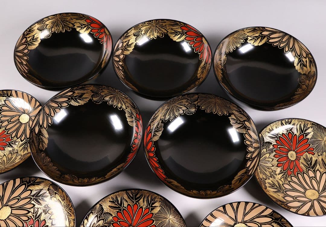 CM366】輪島塗 塩徳屋漆器店 沈金 菊尽 煮物椀 五客 木製漆器 黒