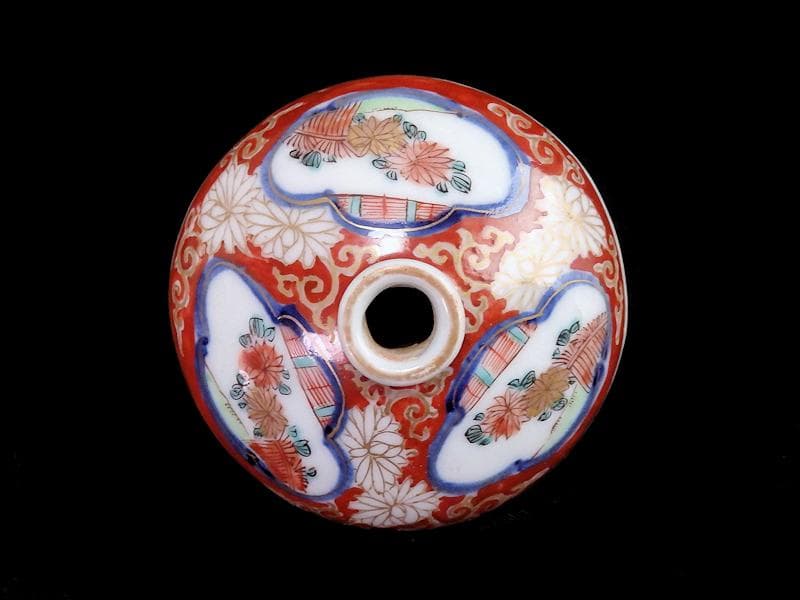 古伊万里 金襴手 窓絵 柴垣に菊の図 油壷 D184-fblw