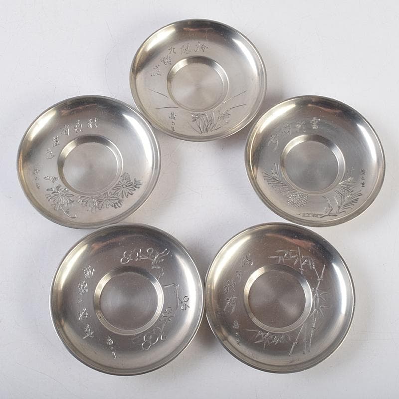 平安 邃古居 秦蔵六造 純錫 倣張萬順之作意 圓式茶托 五客 共箱 GR9455