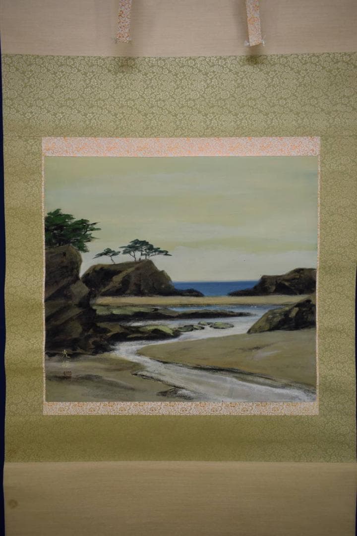 真作/中島光輪/椿の海辺図/桐共二重箱付/布袋屋掛軸HH-851