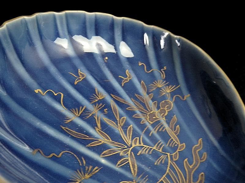 古伊万里瑠璃色貝の図貝型変形皿5枚C803AS-BTp