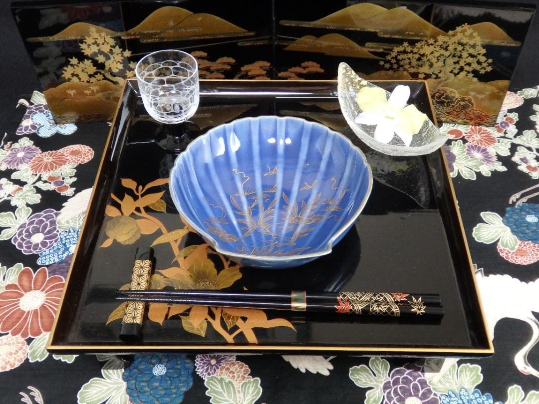 古伊万里瑠璃色貝の図貝型変形皿5枚C803AS-BTp