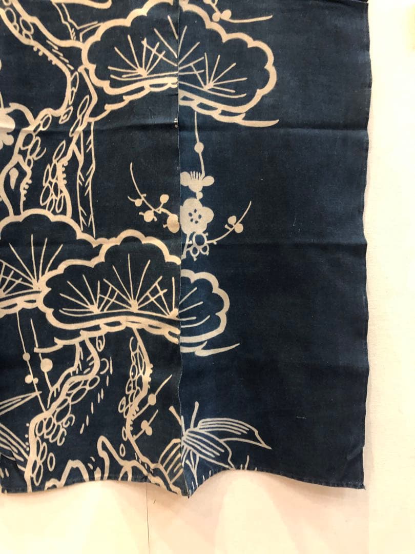 藍染筒描き三巾加賀のれん時代物木綿古布 ソ-360 カーテン・ブラインド