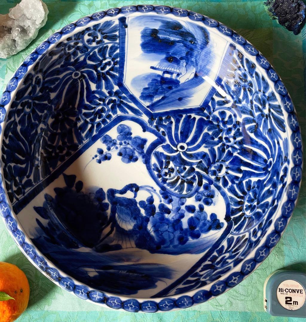 染付 ベロ藍 孔雀 山水画 大鉢