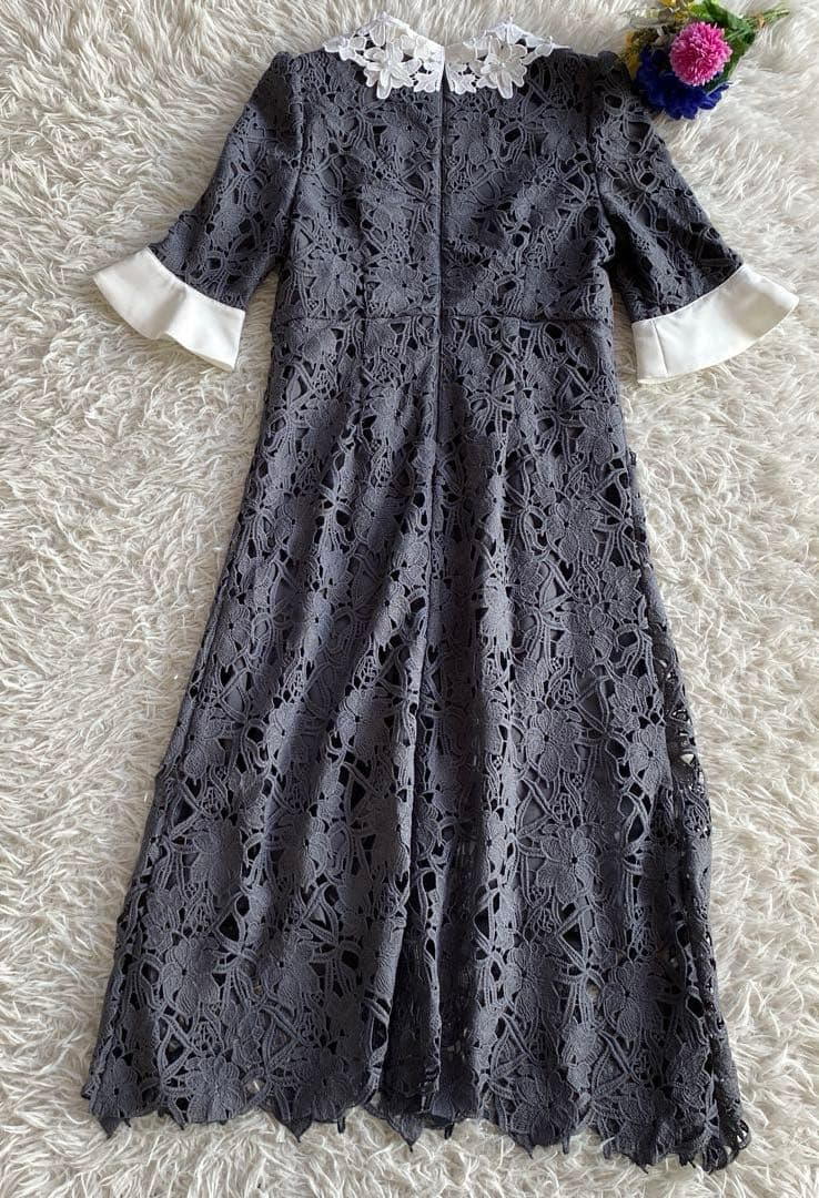 LEJA 花柄レースカラースパンコール刺繍Aラインフレアドレスワンピース