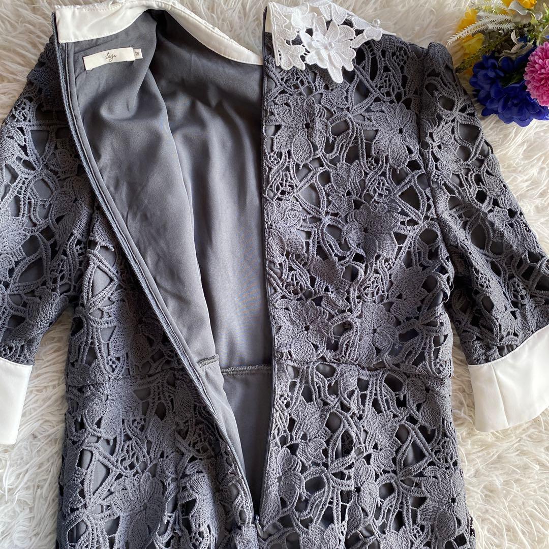 LEJA 花柄レースカラースパンコール刺繍Aラインフレアドレスワンピース