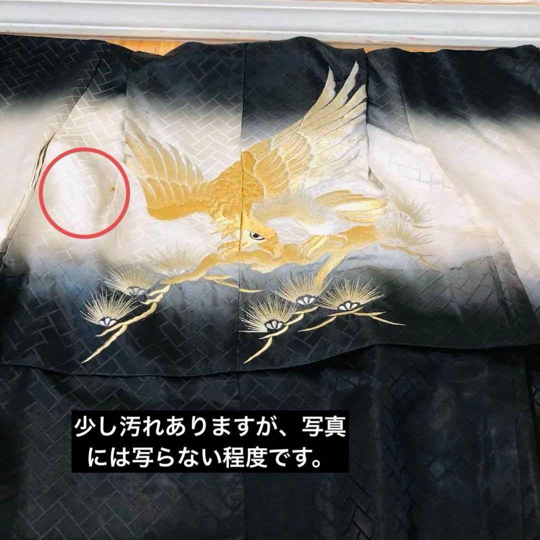 七五三 五歳‼️黒地グレー系 黄金鷹 金糸刺繍‼️袴未使用しつけ付き‼️完全フルセット