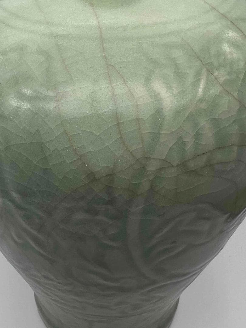 宋時代 龍泉窯 梅子青 青磁 刻牡丹花文大梅瓶 花入 花瓶