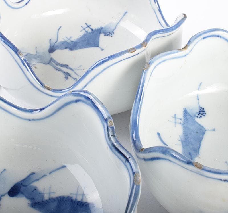 中国　古染付　山水文　向付　十人前　時代箱付　D　3915C