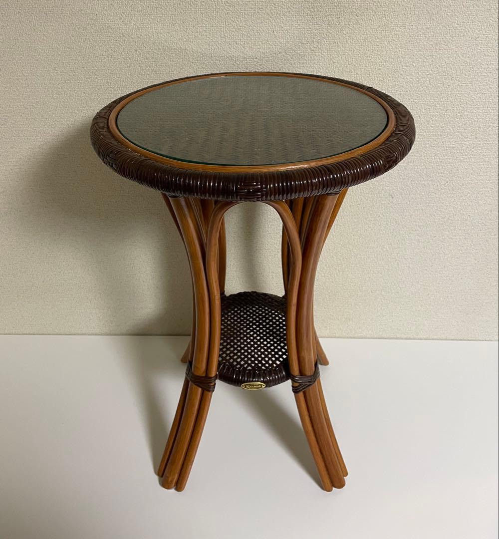 kazama カザマ ラタン 籐 テーブル 丸テーブル ガラステーブル