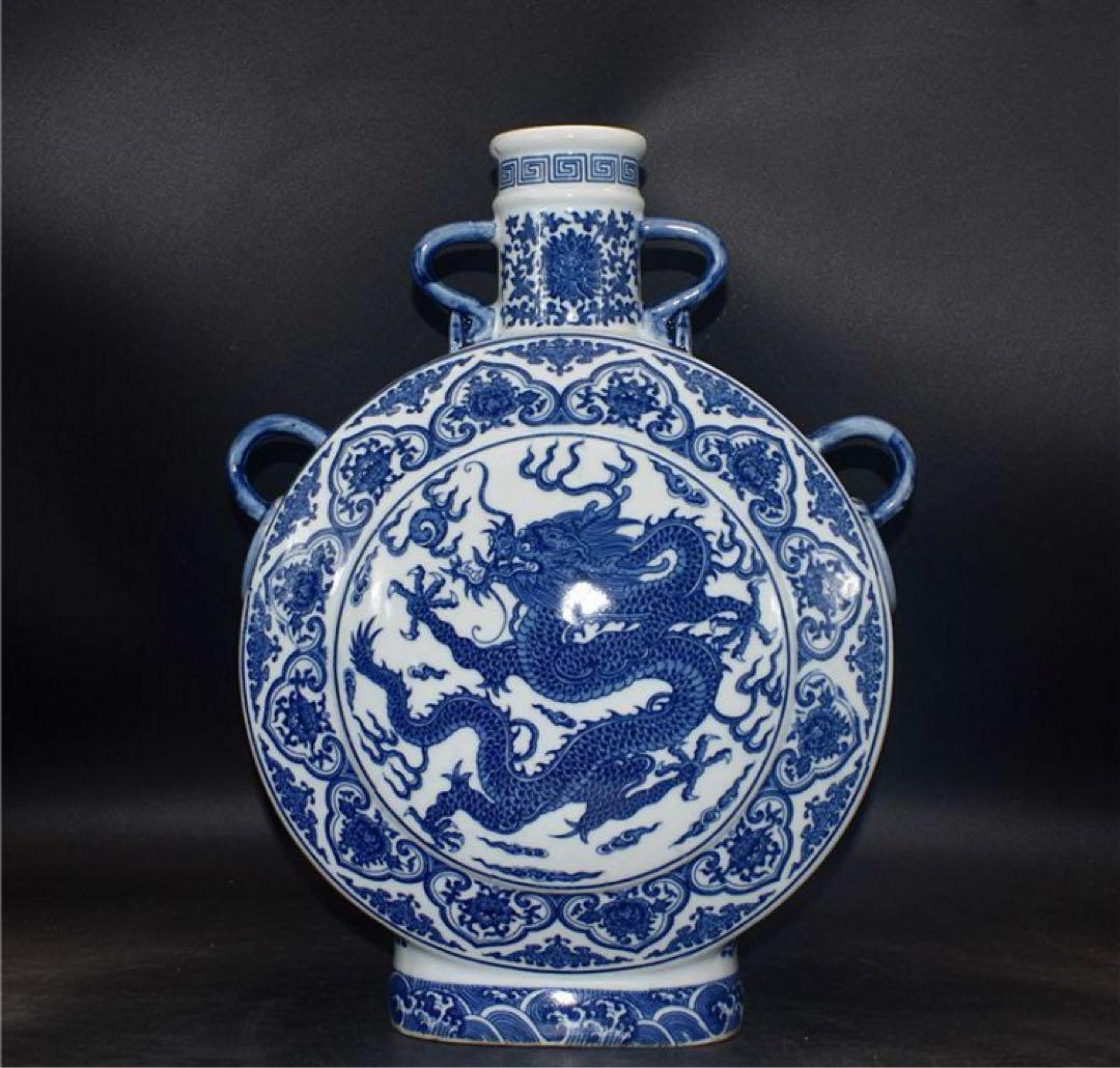 清乾隆青花開窓龍鳳呈祥福寿抱月瓶 景徳鎮 陶磁器