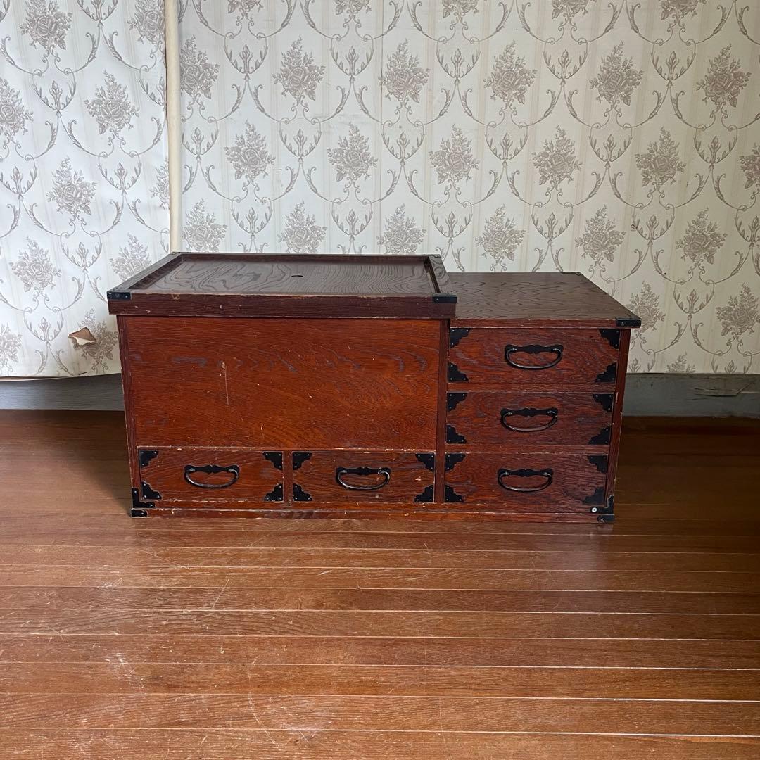 アンティーク】昭和レトロ 木製 関東火鉢 長火鉢 引き出し付 囲炉裏 古道具