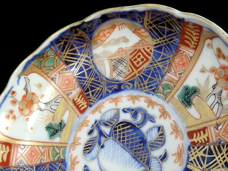 古伊万里　金襴手　富士に梅　笹に柘榴の図　４寸皿　５客　上手　145AS-CBh