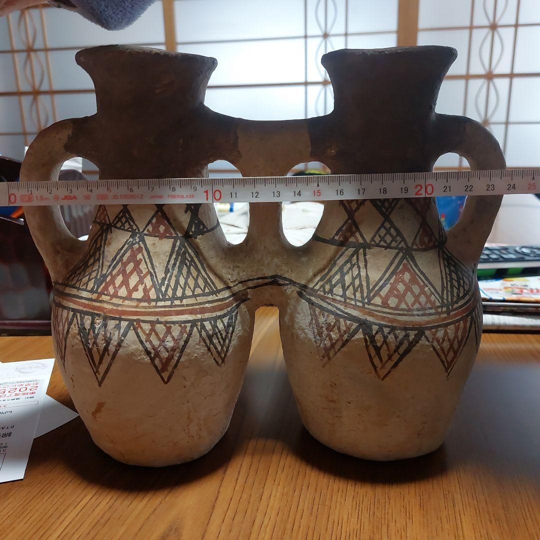 アンティーク　幾何学模様の双子の陶器壺
