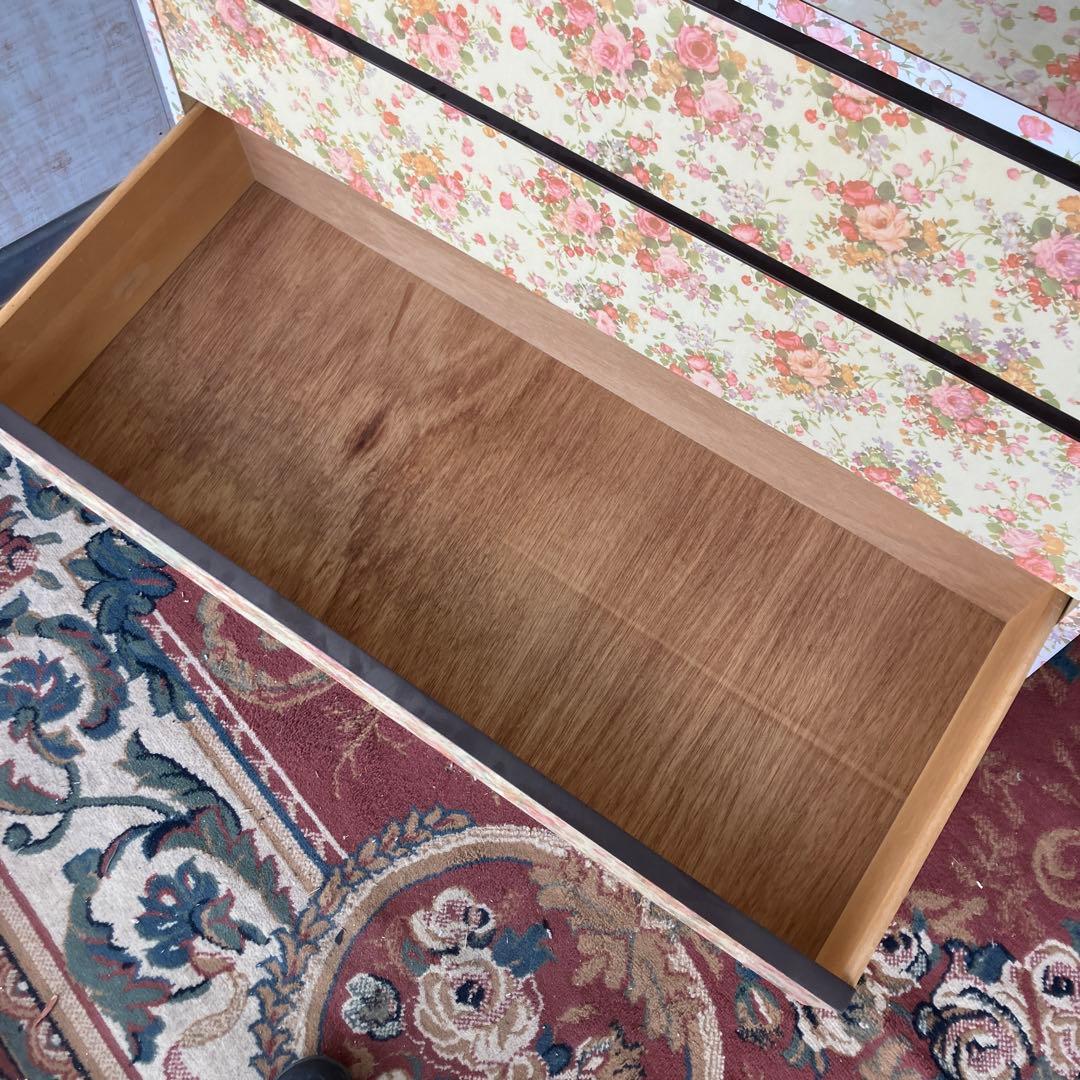 昭和レトロ 花柄 バラ柄 木製チェスト 5段タンス 飾り棚 古家具 ビンテージ