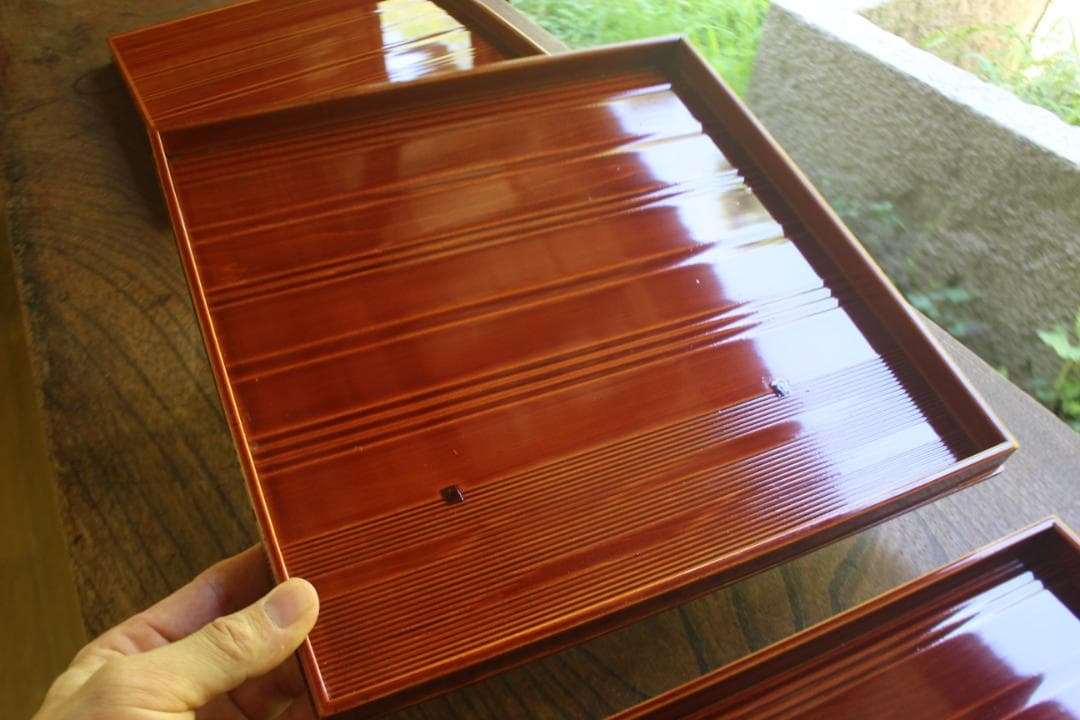 デッドストック！春慶塗の入れ子四方折敷大中小セット（検懐石盆お盆お膳