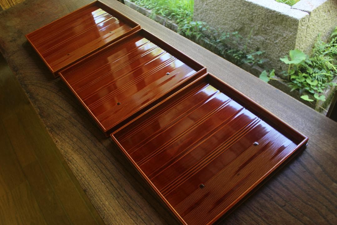 デッドストック！春慶塗の入れ子四方折敷大中小セット（検懐石盆お盆お膳