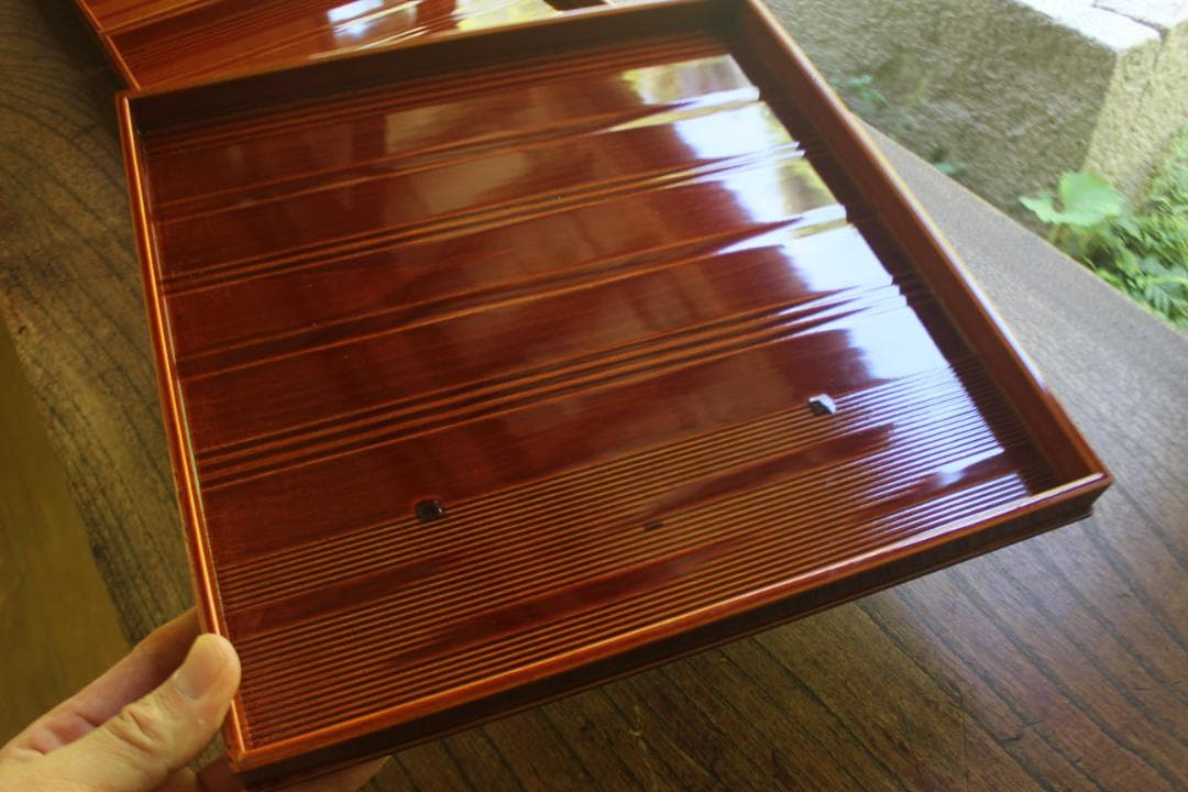 デッドストック！春慶塗の入れ子四方折敷大中小セット（検懐石盆お盆お膳