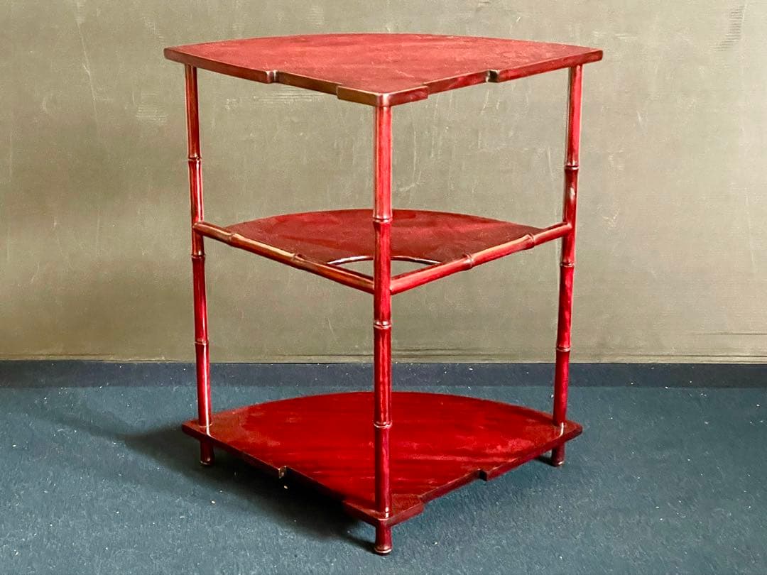 美品】「祖」 唐木 扇面 竹節 三重棚 煎茶飾り棚 茶棚 紙箱 (27あ①)