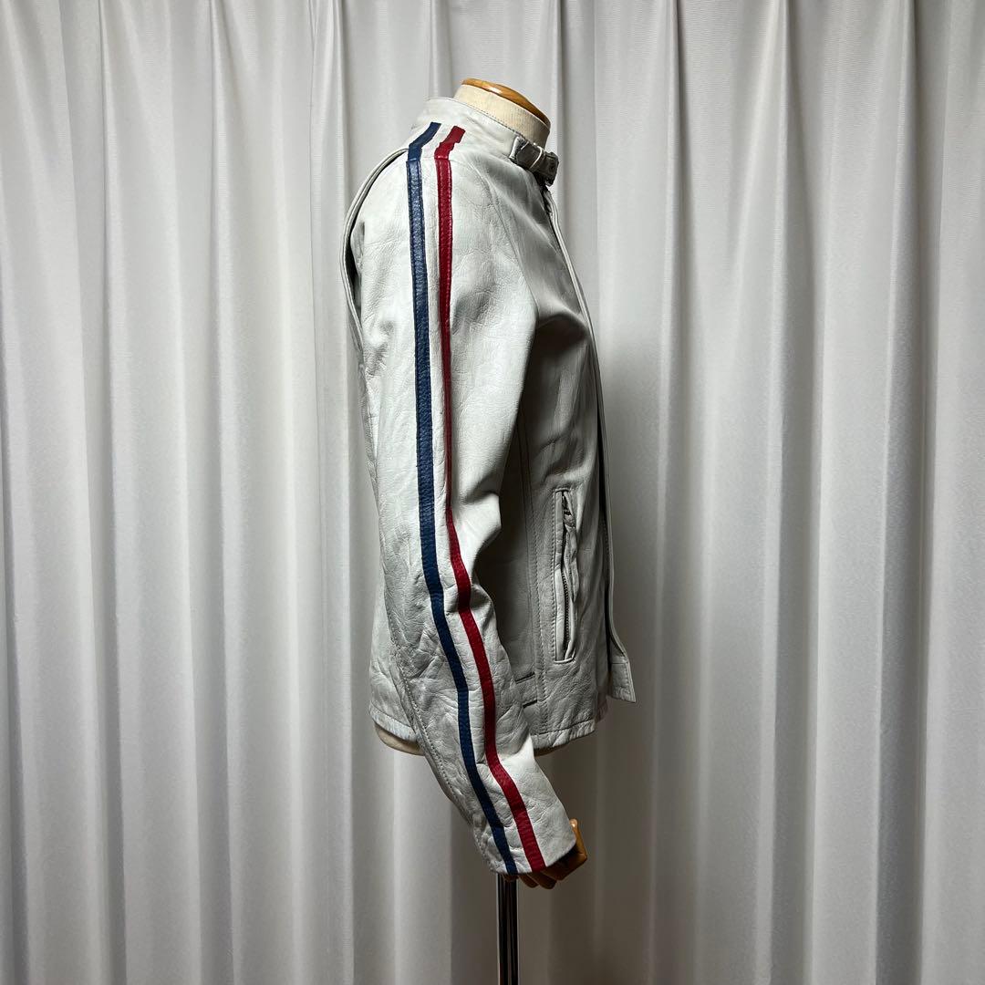 Schottクラッシックレーサー シングルライダース 白地に袖青赤2本線 牛革M