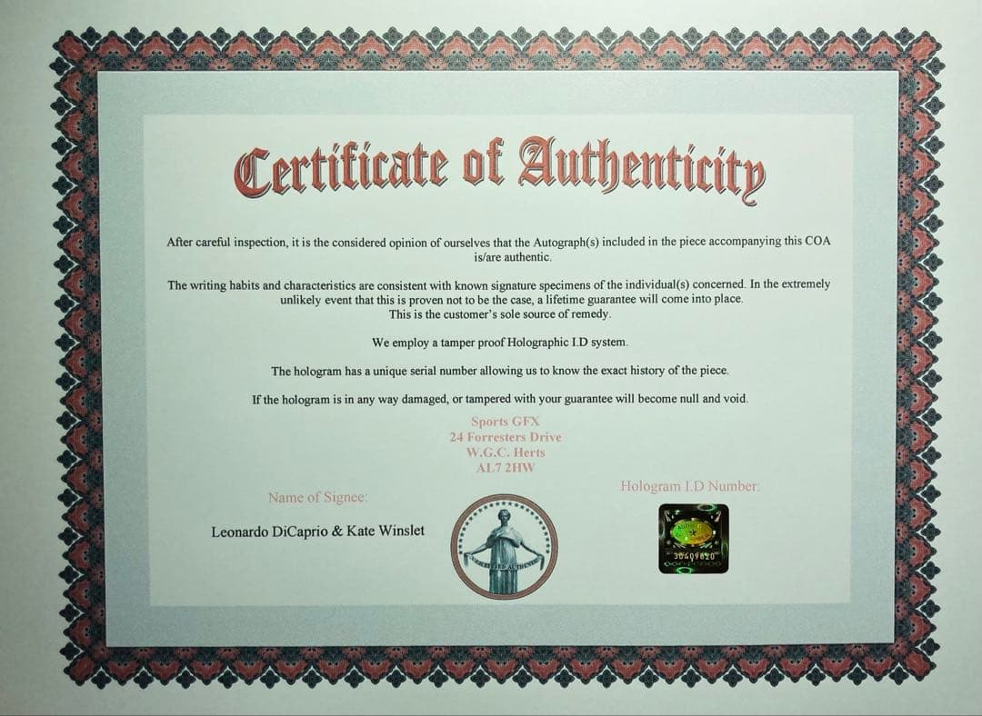 タイタニック レオナルド・ディカプリオ & ケイト　直筆サイン入り写真 保証書A