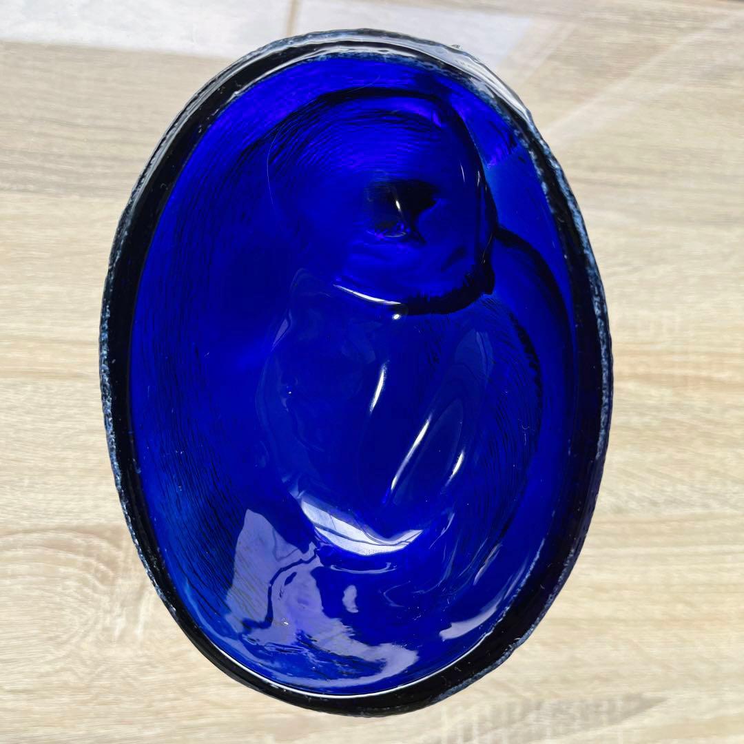 骨董時代ガラス希少瑠璃色ガラス眠り猫モチーフ蓋物菓子瓶キャニスター