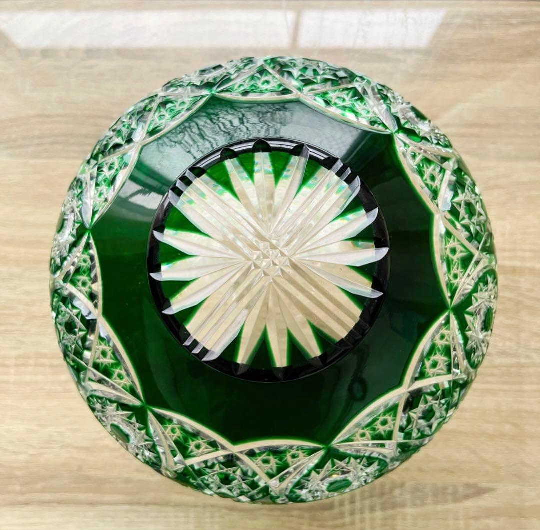 骨董 時代ガラス 緑色被せ 丸紋星切子 カットガラス ガラス鉢 菓子器