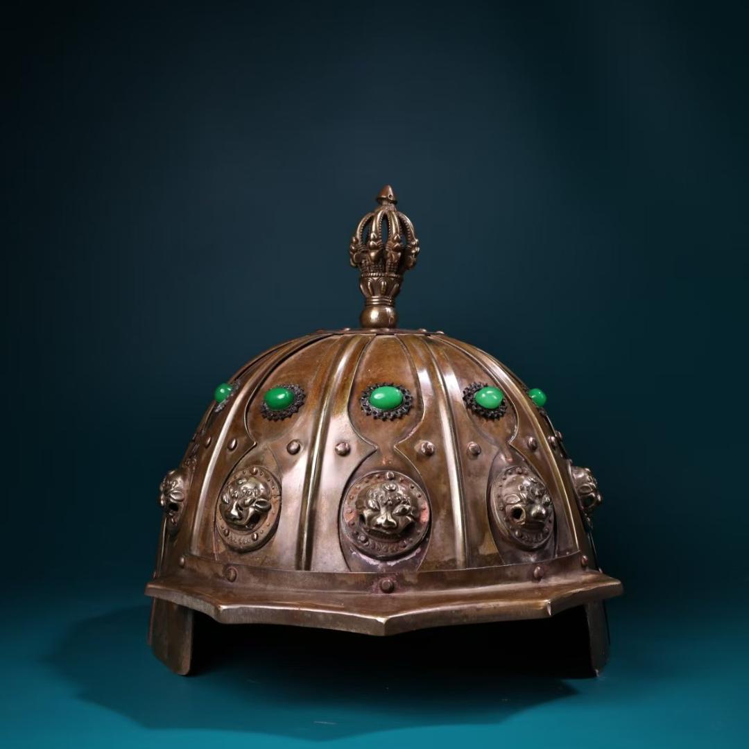 中国古美術 金属製ヘルメット 純銅製 純手作り 極細工 鏨刻 旧家蔵出