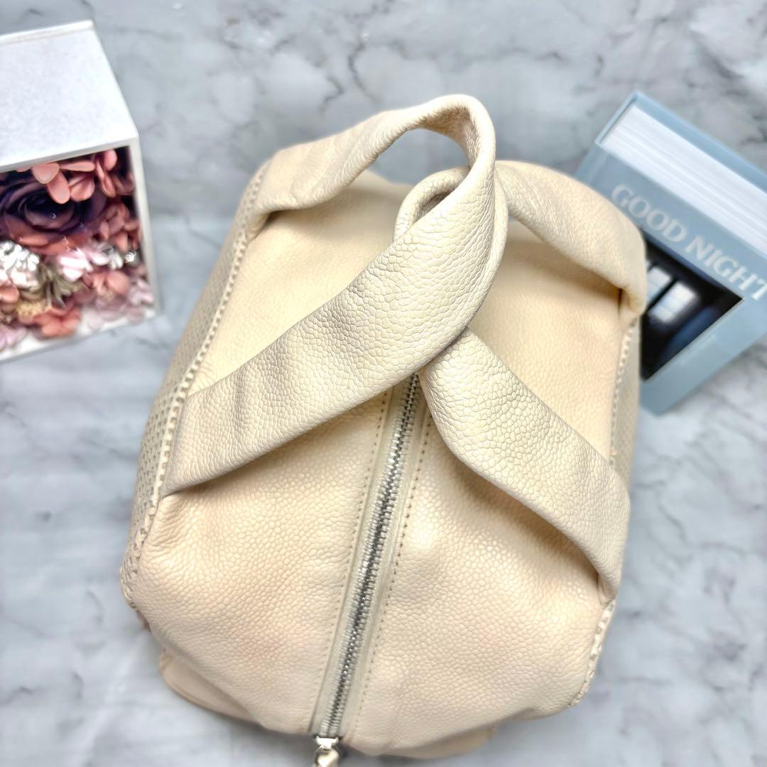 10万→♡シャネル パンチング ハンドバッグ ベージュ キャビアスキン デカココ