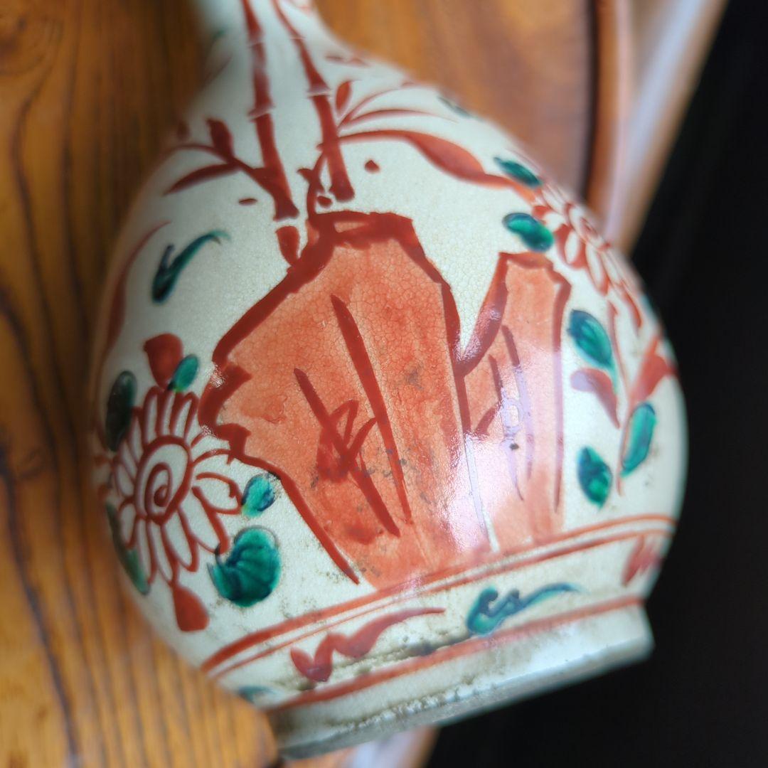 骨董 木米造 花瓶 鶴首 赤絵 花入 茶道具 茶道 陶器 木箱