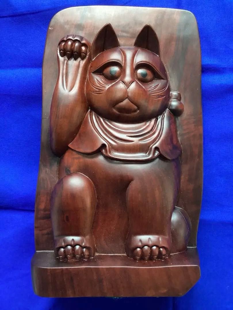 木彫り招き猫縁起物商売繁盛木製猫の彫刻 インテリア置物