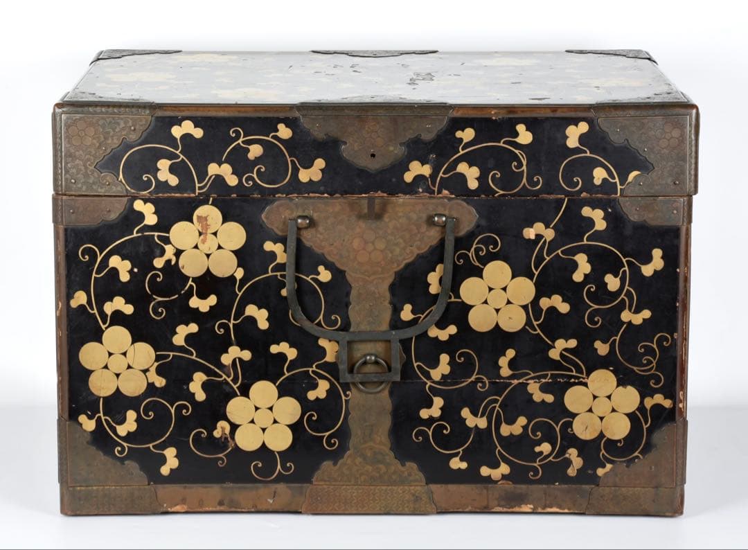 【江戸期】星梅鉢家紋 総面蒔絵 大名挟箱 金具付 時代箪笥 雛道具 古美術 骨董 雛道具 挟箱 梅枝文蒔絵（鶴の丸紋・丸十字紋付） 文化遺産オンライン