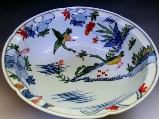鉢□色絵染付「弥左衛門」花唐草 鳥 花弁型 丸鉢 平鉢 菓子