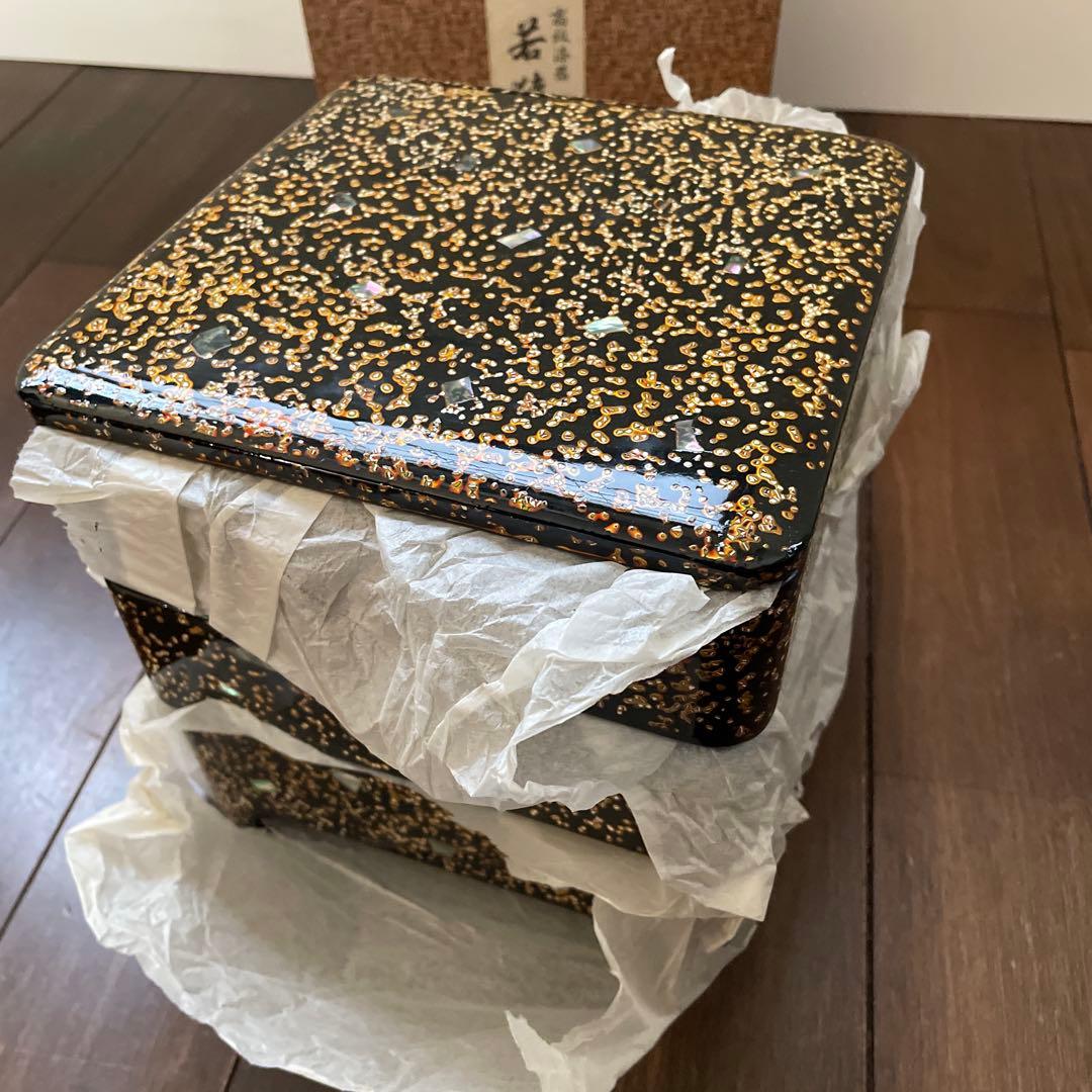 高級漆器 若狭塗 黒色3段重箱 貝殻装飾付き