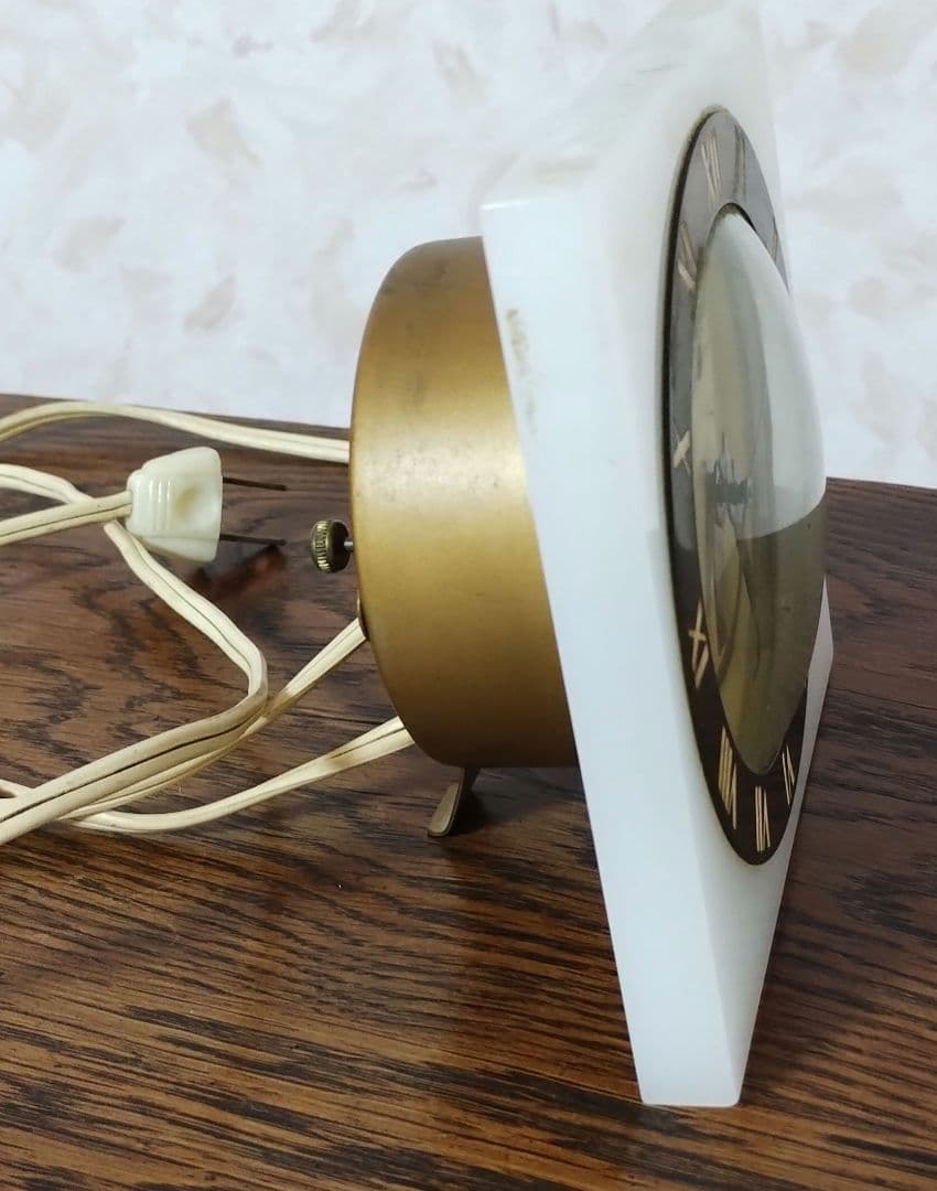 ヴィンテージ テレクロン電気時計 ホワイトオニキス大理石 アール