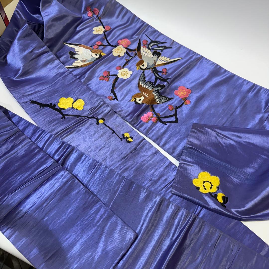 H*N様 雀 スズメ アンティーク 名古屋帯 刺繍帯 紫 パープル 梅 牡丹刺繍（