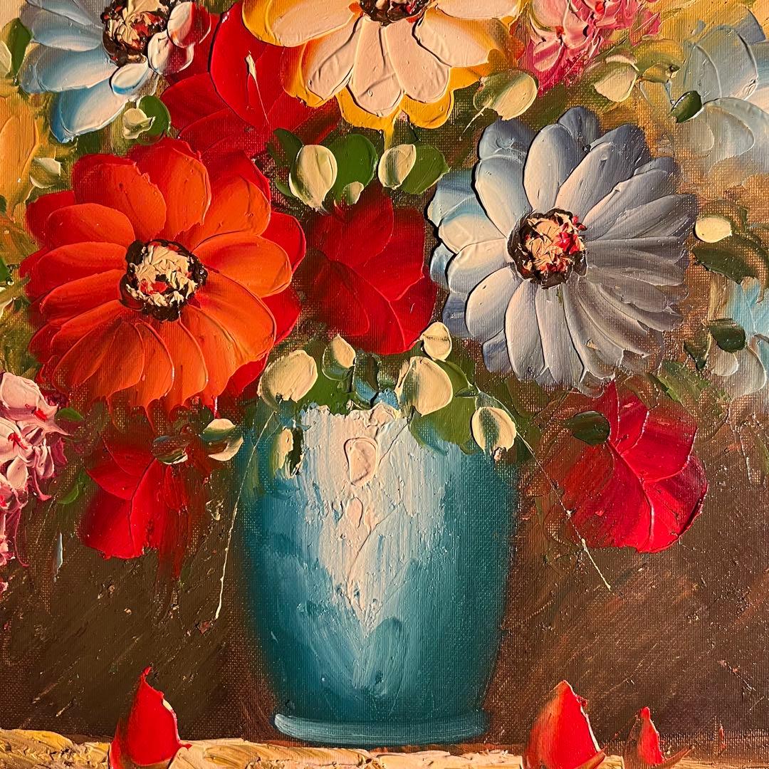 大）手描き油絵 3枚組 花瓶の花 額付 額付き 絵画 インテリア 油彩画