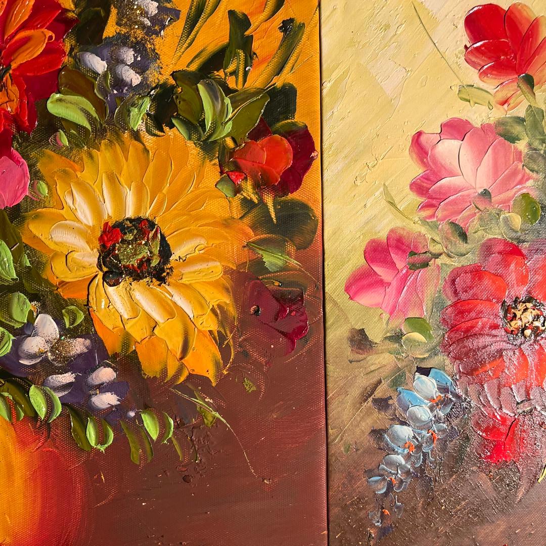 大）手描き油絵 3枚組 花瓶の花 額付 額付き 絵画 インテリア 油彩