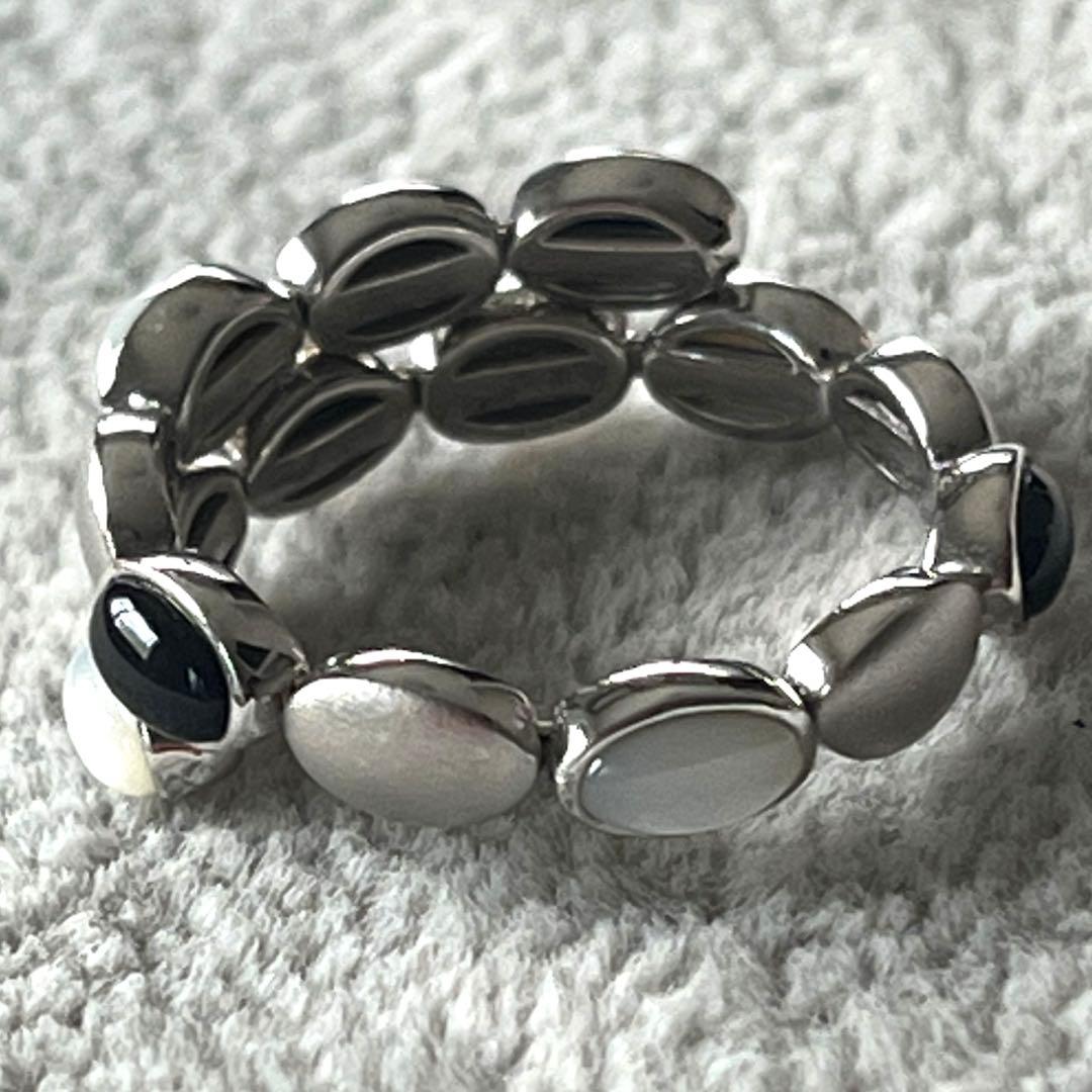 パラジウムシルバー950 オニキス&白蝶貝　フレックスリング　GSTV