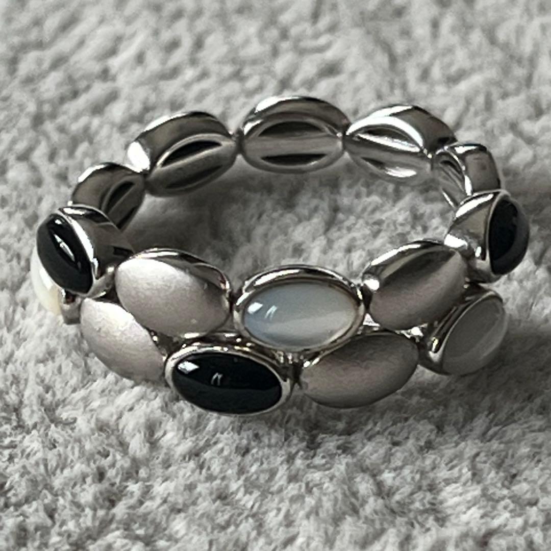 パラジウムシルバー950 オニキス&白蝶貝　フレックスリング　GSTV