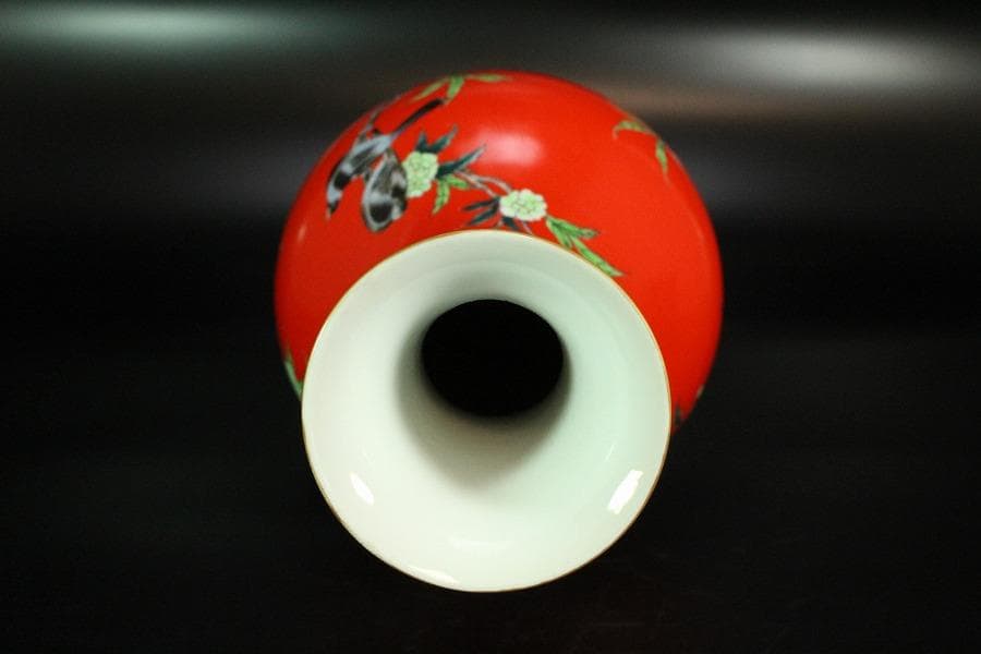 中国美術 珊瑚釉 花鳥 瓶 高34cm 雍正年製(K-LC201)