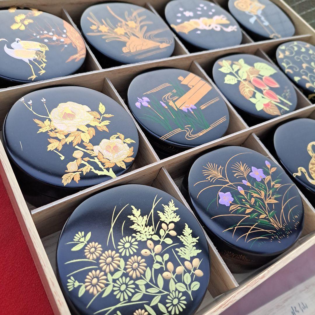 【雪月花の香合セット】合成漆器　切立/ワンタッチ式　蒔絵　未使用品