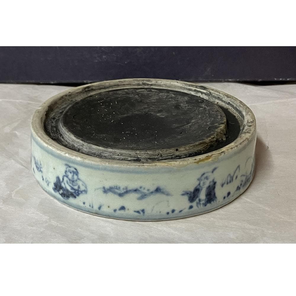 y051 陶硯 染付 唐子図 硯 巾11.5cm 茶道具 書道具 中国古