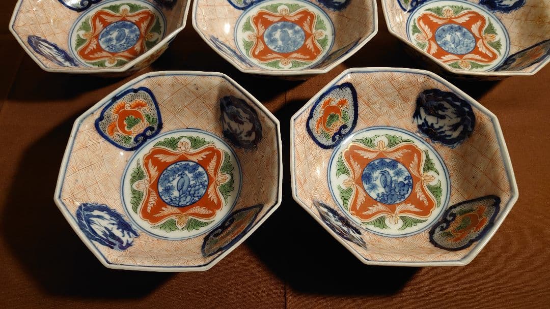 大聖寺伊万里 古伊万里 伊万里 色絵 金襴手 八角鉢 江戸期 蔵出し 5客