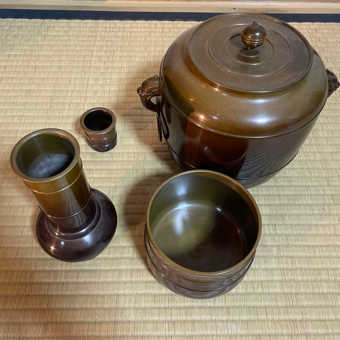 茶道唐銅皆具鬼面鎌付藤井宗喜 造 一式 茶道具 共箱